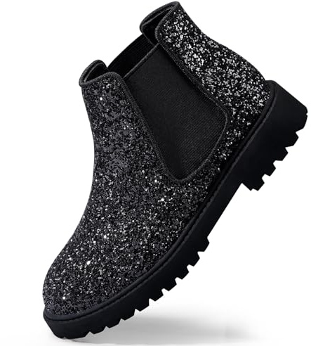 Harvest Land Elegant Girls Ankle Boots, Winter Flat Black-Glitter UK9