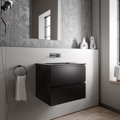 BERNSTEIN Badmöbel-Set Ava 60cm bestehend aus Mineralguss-Waschbecken mit Unterschrank in Schwarz matt, Waschtisch BRUXELLES - Schwarz matt ohne Hahnloch, Ideal für Kleine Bäder und Gäste-WCs