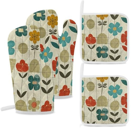 Oven Mitts and Pot Holders Sets of 4 Heat Resistant Oven Mittens Non Slip Kitchen Oven Gloves Mustard Yellow Vintage Oven Mitts Set Hot Pads Washable Potholders for Cooking Baking Grilling BBQ