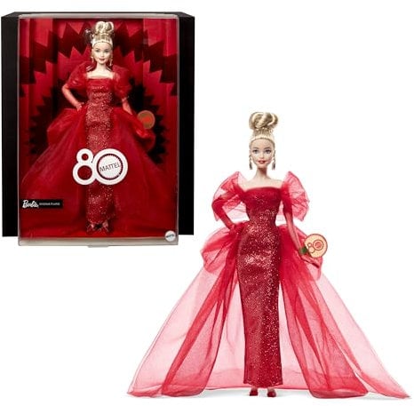 Barbie Signature 80° Anniversario Mattel, bambola bionda da collezione in abito in tulle rosso scintillante con orecchini a goccia e guanti velati, giocattolo per bambini, 6+ anni, JBJ17