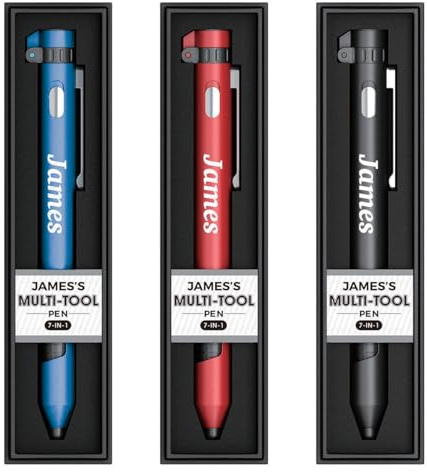 James Named Personalised Multi-Tool Pen, 7-in-1 with Torch, Phone Holder, Stylus, Compass, and Screwdriver Set - Assorted Colours (Red, Blue, Black) - Black Ink