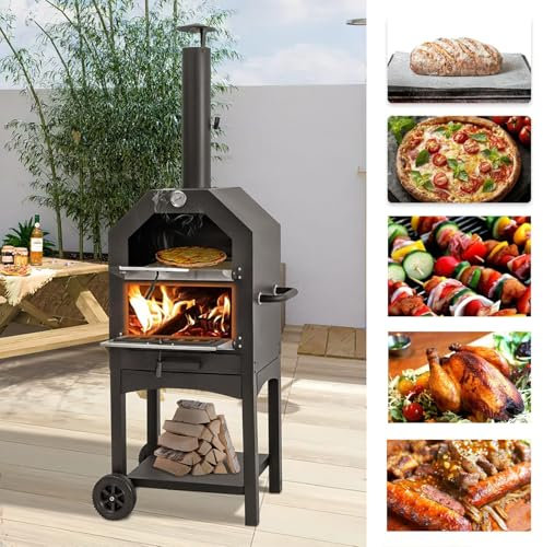 YODOLLA Outdoor Wood Fired BBQ Pizza Maker, 3-Tier Freestanding w/Chimney, Thermometer, Pizza Stone, Wheels & Charcoal Grill for Camping, Backyard Party