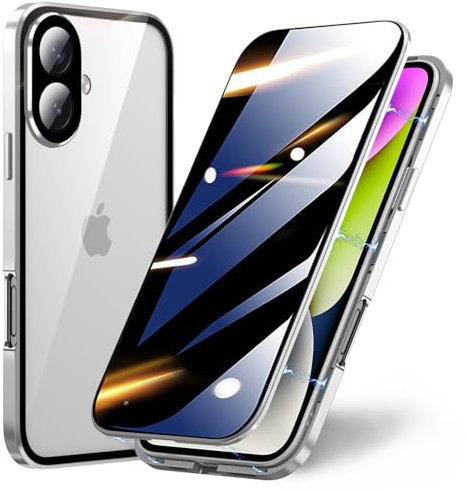 TOPF&B Case for iPhone 16 Privacy Magnetic Cover,360 Degree Full Cover Built-in Privacy Screen Protector and Camera Protector,Metal Bumper Case for iPhone 16,Silver
