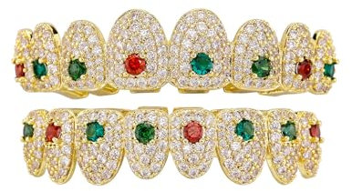 Generic Männer und Frauen Iced Out Zähne Grillz - Hip Hop Silber Gold Stil für Ihre Zähne, Top & Bottom Rapper Kostüm Mund Grillz mit Silikon Leisten,Gold,set