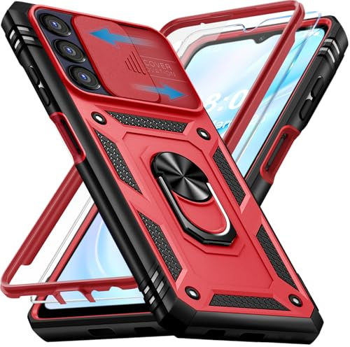 Giyer Panzerhülle für Samsung Galaxy A16 5G Hülle mit Schutzfolie, Handyhülle A16 5G Case mit Kameraschutz 360° Metall Ring Ständer, Stoßfest Schutzhülle für Samsung A16 5G Cover Tasche (Rot)