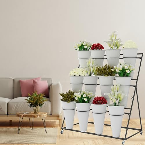 KEPMOGOH Blumenständer Mit Eimern, Blumenregal Mit Rädern, Bewegliches Blumenverkaufsständer Für Blumenläden, Gärten, Pop-up-Blumenveranstaltungen Draußen (3 Tier 12 White Bucket)