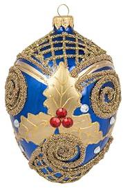 Polish Gallery Fabergé Egg 5-Inch Blown Glass Christmas Tree Ornament Wine Red with Gold Embellishments Mistletoe Leaves (Sapphire Gloss)