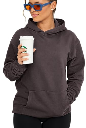 behype. Damen Oversize Hoodie Kapuzenpullover Einfarbig Basic Heavy Blank Pullover Unifarben Kapuzen-Sweatshirt Für Frauen DC_Damen_8001-Anthra-L