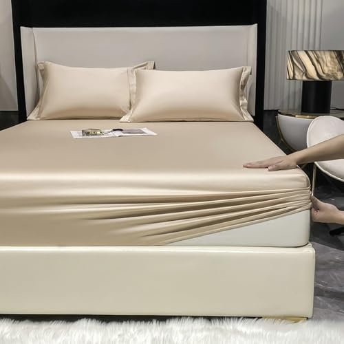 AMDXD Betttuch 150x200cm Waschbar, Spannbettlaken Wasserbett Einfarbig Hell Khaki Schlafkomfort, Baumwolle Tagesdecken für Boxspringbett & Wasserbett