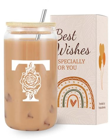 VivaJoy A-Z Initial Personalised Birthday Gifts for Women - Monogrammed Gifts for Women,Initial Letter T,Glass Cups with Lids Straws, Funny Christmas or Birthday Gifts for Her,Mum,Friend,Sister