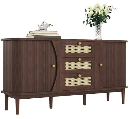 Cassettiera, credenza moderna, armadietto in rattan, credenza multiuso, con 3 cassetti e doppia porta scorrevole in legno, per corridoio, camera da letto, soggiorno, mobili, 140 x 40 x 76 cm
