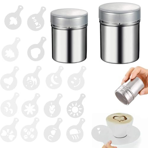 Alriedy 2 Stück Kakaostreuer für Cappuccino,mit 16 Pcs Kaffee Schablonen,Edelstahl pulverstreuer mit Deckel, Puderzuckermühle,Puderzuckerstreuer,Kakao Streuer für Kaffee, für Küche und Backen