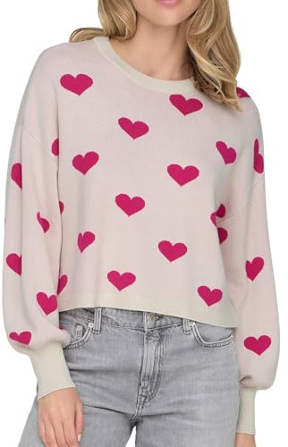 ONLY Damen Strickpullover ONLMontana gestrickter Rundhals Pulli mit Herzen 15339550 Birch Pink Yarrow Small Heart S
