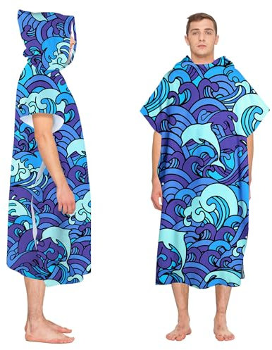 Queenshin Mikrofaser Badeponcho Strandtuch Herren Damen,Surf Poncho Handtuch mit Kapuze für Erwachsene,Umziehhilfe Strand,Ultraleicht Schnelltrocknend,für Schwimmen,Strand,Tauchen(Blaue Wellen)