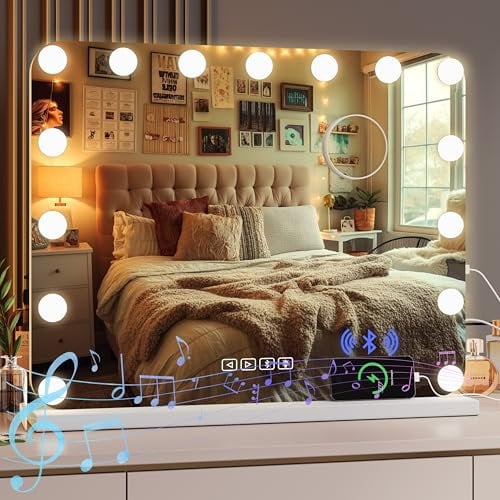 MAMIZO Bluetooth Hollywood Vanity Mirror with Lights, 58 x 46 cm Makeup Mirror with 15 Dimmable LEDs, 3 Color Modes,10x Magnifying Glass, Cosmetic Mirror, Wall and Table Mirror for Bedroom