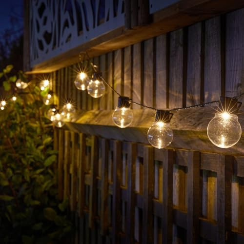 mysmartbuy.com Set of 20 Solar Powered Glow Bulb String Lights – 10 Lumen Outdoor Garden Festoon Fairy Lighting with Warm White LEDs for Wall, Fence, Tree, Parasol, Gazebo, Parties – Total Length 10m