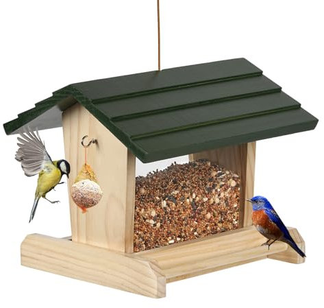 JAZUIHA Vogelhaus Holz für Wildvögel, Vogelfutterhaus zum Aufhängen Futterhäuschen mit Meisenknödelhalter für Garten, Terrasse oder Balkon