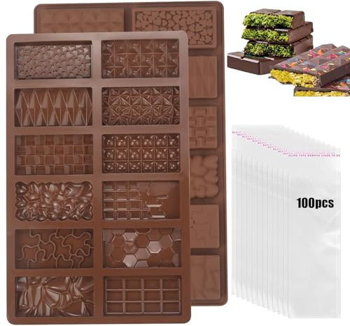 Chocolate Moulds, 2PCS Silicone Chocolate Bar Moulds with 100Pcs Bags, Reusable Non-Stick Thick Candy Bar Molds Wax Melt Molds for Choclate Bars, 12Patterns