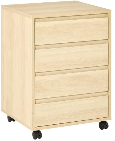 HOMCOM Cajonera de Oficina Cajonera de Escritorio 46x40x65 cm Natural | 4 Cajones, con Ruedas, Archivador Móvil, para Estudio