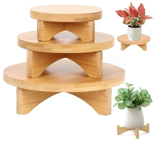 3er Set Blumenhocker Holz, Abnehmbar Klein Holzschemel, Kleiner Deko Hocker, Ausstellungsständer für Holzhocker, Mini Holz Blumenteller,runder Pflanzenständer für drinnen und draußen, Terrasse, Garten