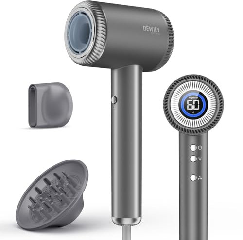 Asciugacapelli agli ioni con diffusore magnetico, asciugacapelli DEWILY con motore brushless da 110,000 giri/min, asciuga rapidamente asciugacapelli da viaggio, 300 milioni di ioni negativi (grigio