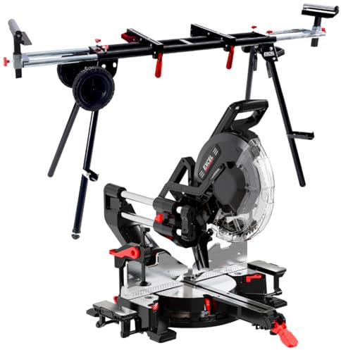 Excel 305mm Sliding Mitre Saw 2000W, 240V with Laser Guide & Universal Wheeled Stand - Powerful Saw for Woodworking & DIY