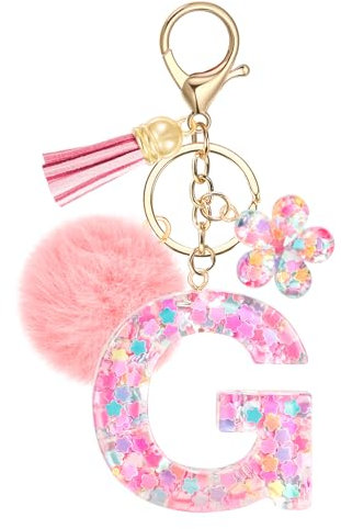 JSRQT Niedlicher Rosa Schlüsselanhänger Buchstaben G, Namens Alphabet Harz Schlüsselanhänger Blumen Pailletten mit Pompons, Taschenanhänger Key Chain für Frauen Mädchen Handtaschen Rucksack Dekor