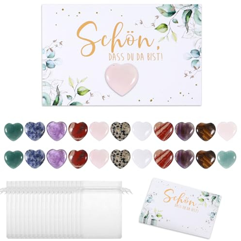 DONQTWAY 24 Set Schön dass du da bist Gastgeschenk Geburtstag, Gastgeschenke Hochzeit, Glücksbringer Taufe Gastgeschenke Hochzeit, Herz-Edelsteine, Herzsteine für Taufe Dankeschön Geschenke
