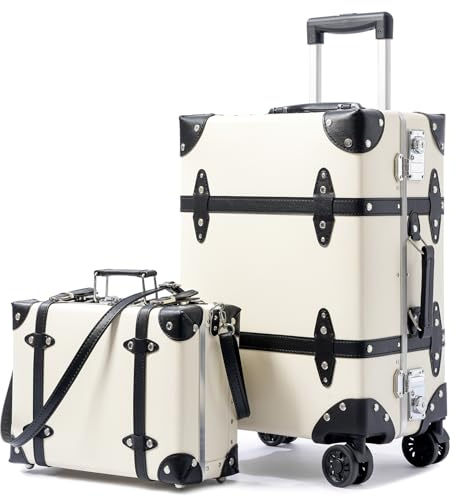 Universal Trotter Vintage Cute Suitcase Set of 2 with TSA Approved Pocket Case and Swivel Wheels, Ivory Signature, 20+12, Vintage-Koffer mit breitem Aluminiumrahmen und Doppelrollen