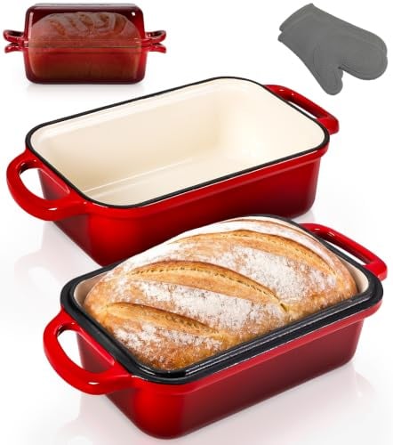NutriChef horno holandés rectangular para masa madre, Molde para pan con tapa, Hierro fundido esmaltado, Con guantes de silicona para pan artesanal, 35 cm
