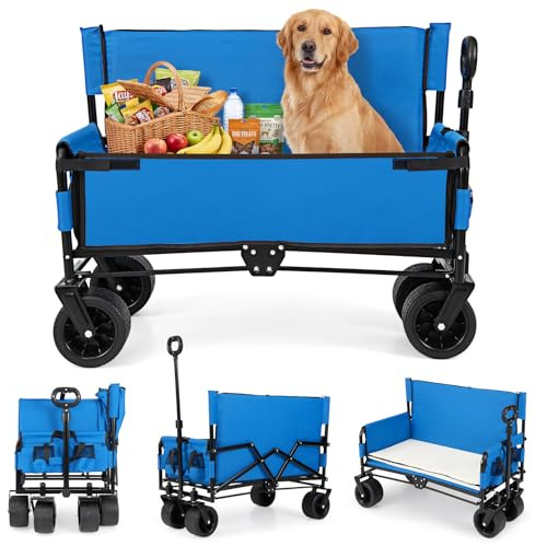 FANTASK 2 in 1 Bollerwagen faltbar & Sitzbank, Gartenwagen mit Seitentaschen & verstellbarem Griff, Picknickwagen bis 80 kg Belastbar, Strandwagen mit Kissen, Transportwagen für Camping (Blau)