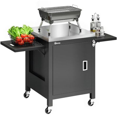 Outsunny Outdoor Grill Cart, Pizza Oven Stand, Stainless Steel Top, Black | For Kitchen Prep, BBQ Table, Cabinet, Towel Holder, Bottle Opener, Movable Food Prep Cart on Wheels
