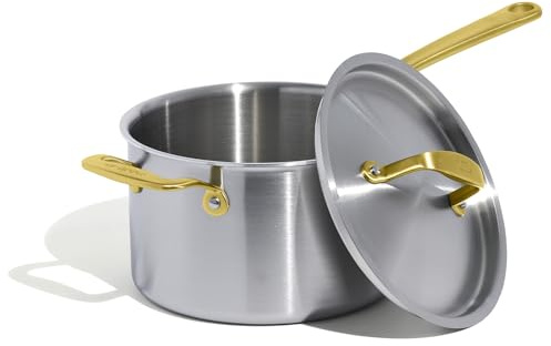 Made In Cookware - 4 Quart Stainless Steel Saucepan with Lid (Antique Brass Handle) - 5 Ply Stainless Clad - Professional Cookware - Crafted in Italy - Induction Compatible