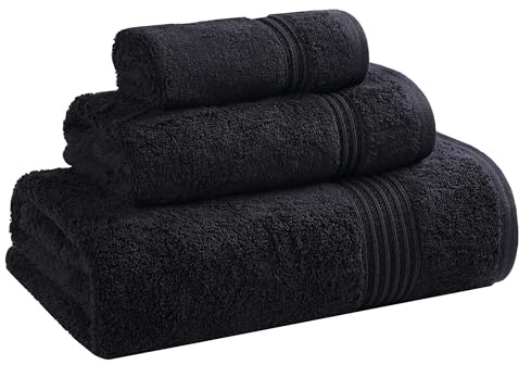 SUPERIOR Egyptian Cotton 3-Piece Towel Set, Basic Towels for Bathroom, Home Decor, Guest Bath, Shower, Apartment, Included 1 Face, 1 Hand, 1 Bath Towel, Washcloth, Quick Dry, Black