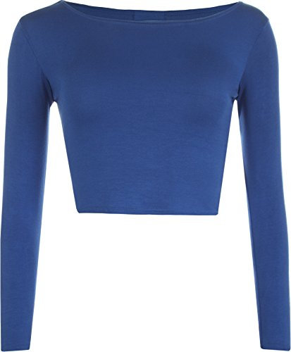 Womens Crop Long Sleeve T Shirt Ladies Short Plain Round Neck Top - Royal Blue - 12/14