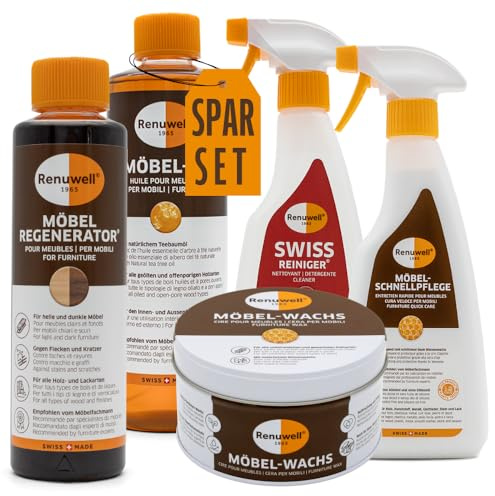 Renuwell Möbel-Regenerator, Möbel-Öl, Möbel-Wachs, Swiss Reiniger & Möbel Schnellpflege mit Bienenwachs (jeweils 500 ml) – 5-teiliges Set zur intensiven Pflege, Reinigung und Schutz von Holz
