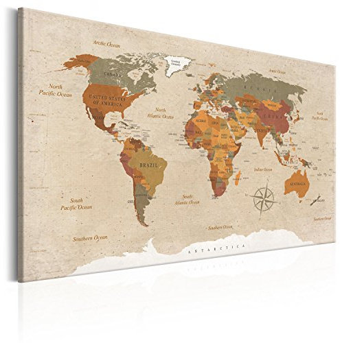 B&D XXL Weltkarte Pinnwand & Vlies Leinwand Bild 120x80 cm XXL Bilder mit Kork Rückwand 1 Teilig Kunstdruck Korktafel Korkwand Memoboard Pinboard Wandbilder Karte Landkarte