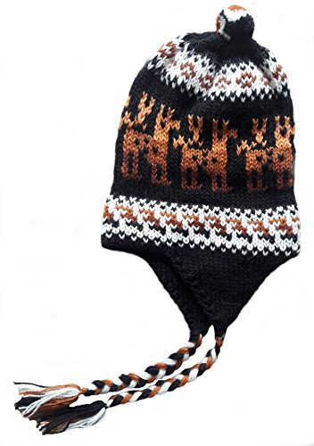 Alpacaandmore Unisex Peruanische Schwarze Chullo Mütze Alpakawolle Alpaka Motiv