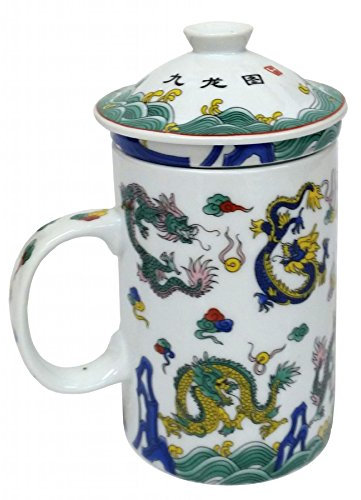 Porcelain Chinese Tea Mug with Infuser and Lid - Eight Dragons Pattern