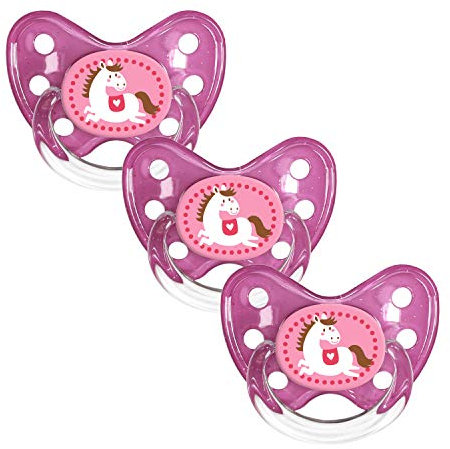 dentistar Silikon Schnuller 3er-Set - Größe 3, ab 14 Monate - Zahn- & kieferfreundlicher Nuckel mit Dental-Stufe – BPA-frei – Made in Germany - Pferd, Pink