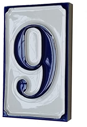 House Numbers Simple Blue & White Hand-painted Italian Ceramic Numbers & Letter Tiles 11cm x 7cm (Number 9)