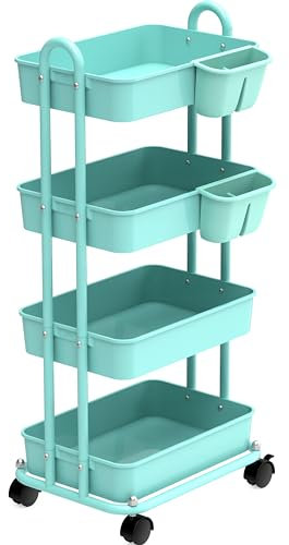 Simple Houseware 4-stufiger multifunktionaler Rollwagen mit Korbtrennwänden und hängenden Eimern, Türkis