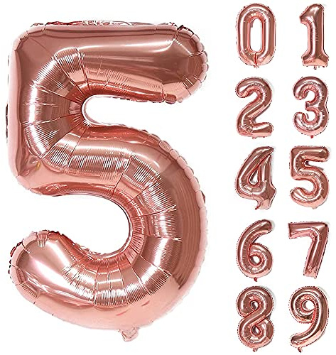 Unisun Rose Gold Number 5 Balloon, 40 Inch Large Giant Foil Helium Balloon | for 5th Birthday Decorations Girl, Women Kids Party, Anniversary, Graduation, Wedding, Engagement