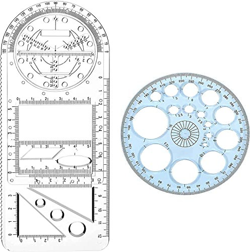 MEISO 2 Stücke Multifunktionales Geometrisches Lineal, Rutschfestes Zeichenlineal Geometrische Zeichenschablone, Messwerkzeug, Zeichenlineal Geometrischen Figuren für Schule, Bürobedarf