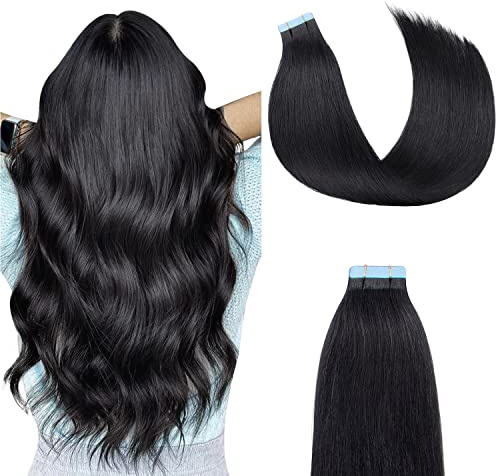 Tape in Extensions Echthaar 35cm 20Stück 40g Invisible Glatt Tiefschwarz | Seidiges Echthaar, dünnes unsichtbares Tape, verhedderungsfrei, stylbar. Alltag, Büro, Dates, Feste, natürlicher Look