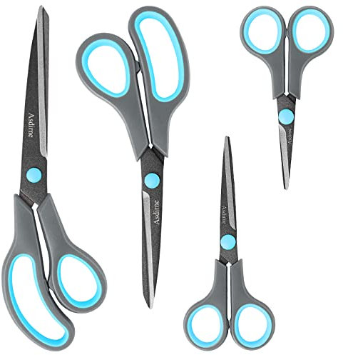 Asdirne Teflon Coating Scissors Set of 4, Non-Stick Scissors All Purpose, Premium Stainless Steel Razor Blades, Ergonomic Semi-Soft Rubber Grip, 10/''/8.5/''/6/''/5/'', Blue&Gray