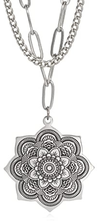 EUEAVAN Collier Femme Mandala Fleur de Vie Collier délicat en acier inoxydable chaîne bouddhiste fleur de lotus Om Mandala pendentifs (Argent)