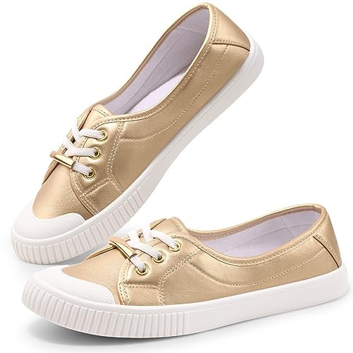 Harvest Land Womens Canvas Shoes Ladies Fashion Plimsolls Soft Trainers Low Top Slip on Sneaker Gold 4