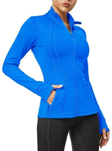 QUEENIEKE Women's Slim Fit Running Jackets - Long Sleeves Athletic Workout Gym Tops with Back Mesh Vent & Thumb Holes (Electric Blue Lemonade, Medium)