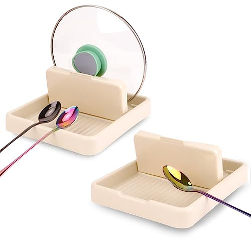 2Pcs Spoon Rest with Lid Holder for Stove Top, BOJVESH Spoon Holder for Kitchen Counter, Foldable Pot Lid Holder Cooking Ladle Utensil Rest, Kitchen Gadgets Accessories for Cooking (White)